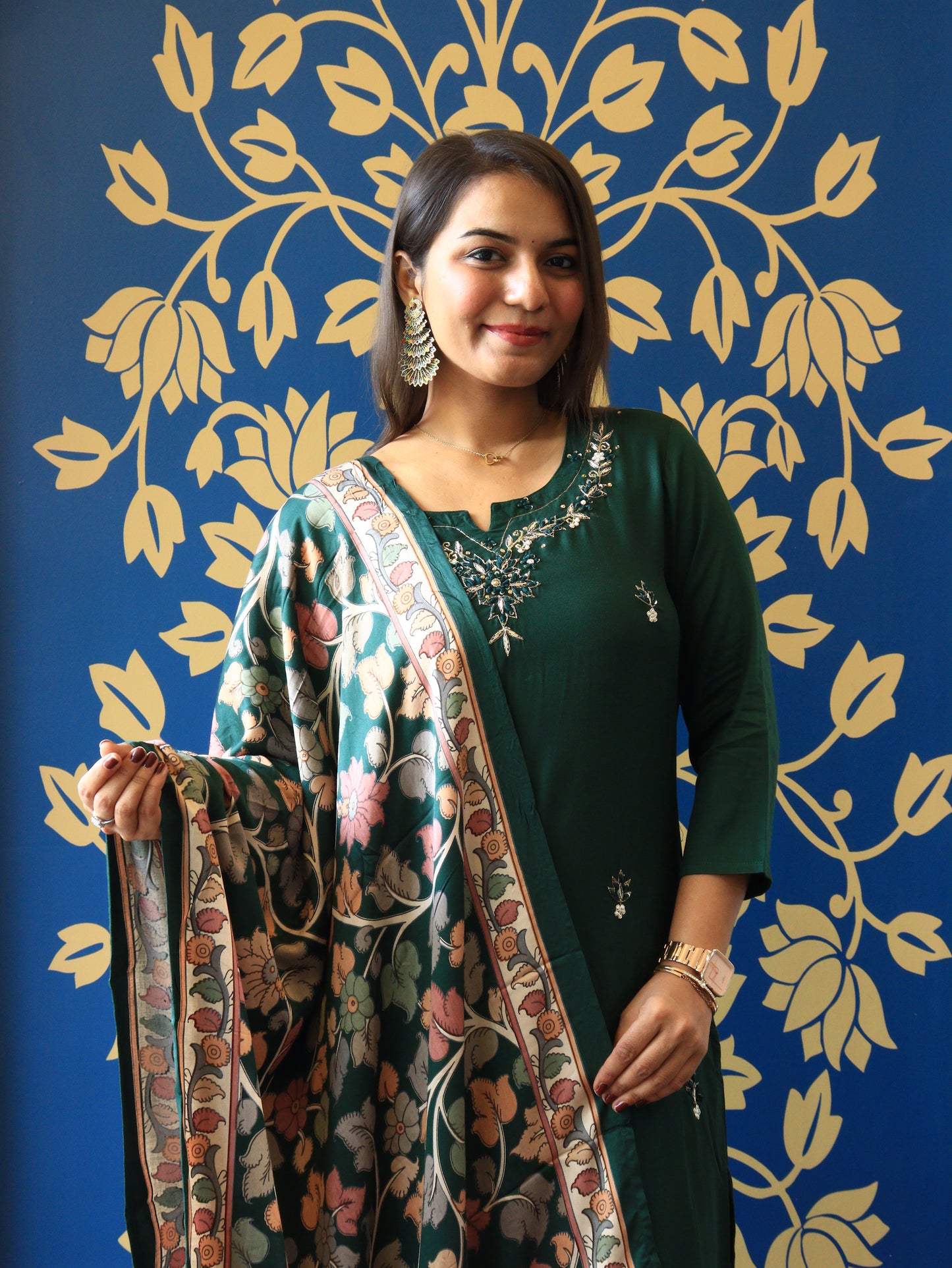 Embroidered Silk Straight Suit Set with Digital Print Dupatta