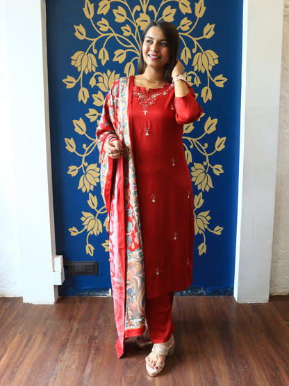 Embroidered Silk Straight Suit Set with Digital Print Dupatta