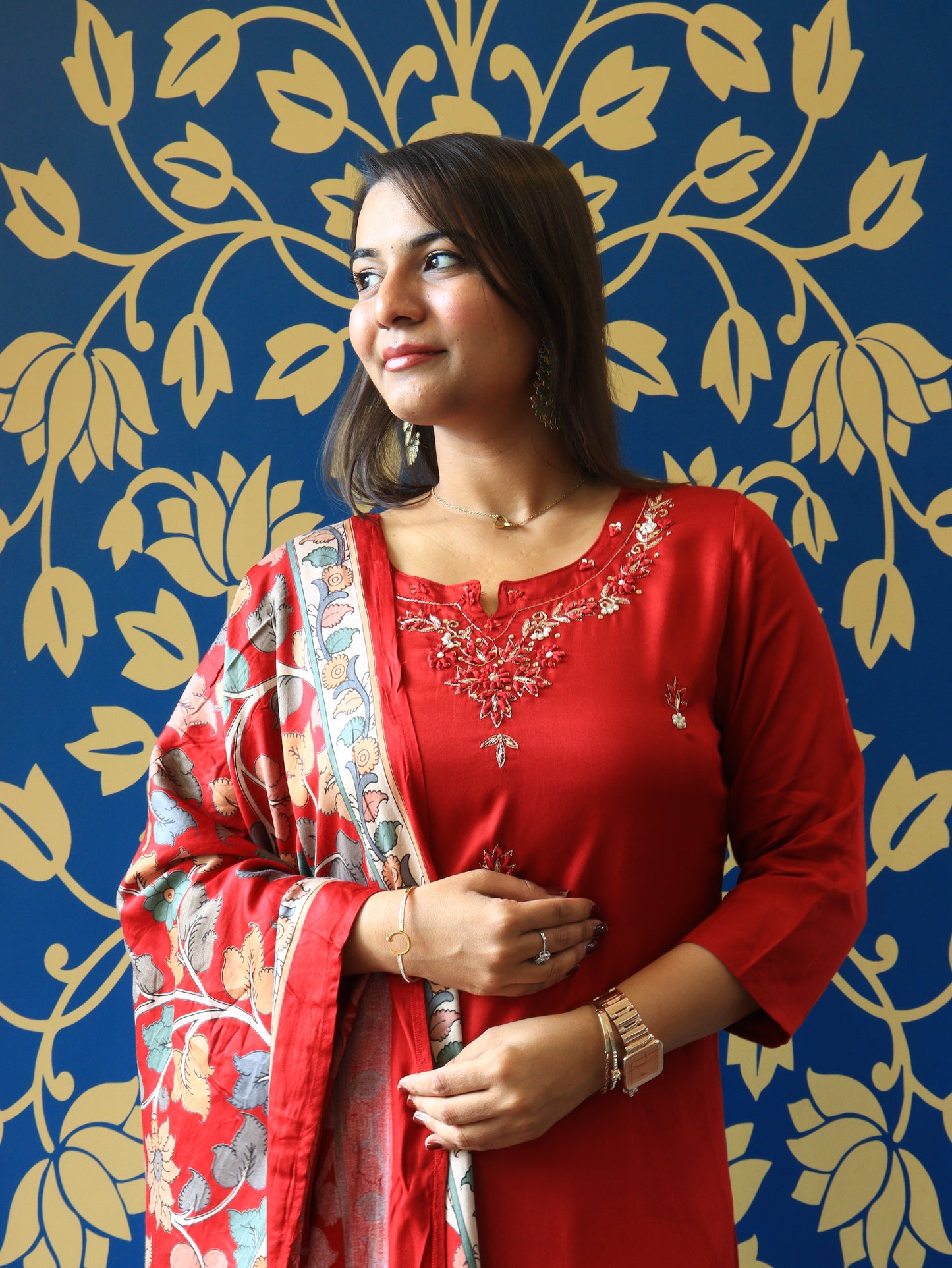 Embroidered Silk Straight Suit Set with Digital Print Dupatta