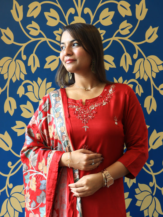 Embroidered Silk Straight Suit Set with Digital Print Dupatta