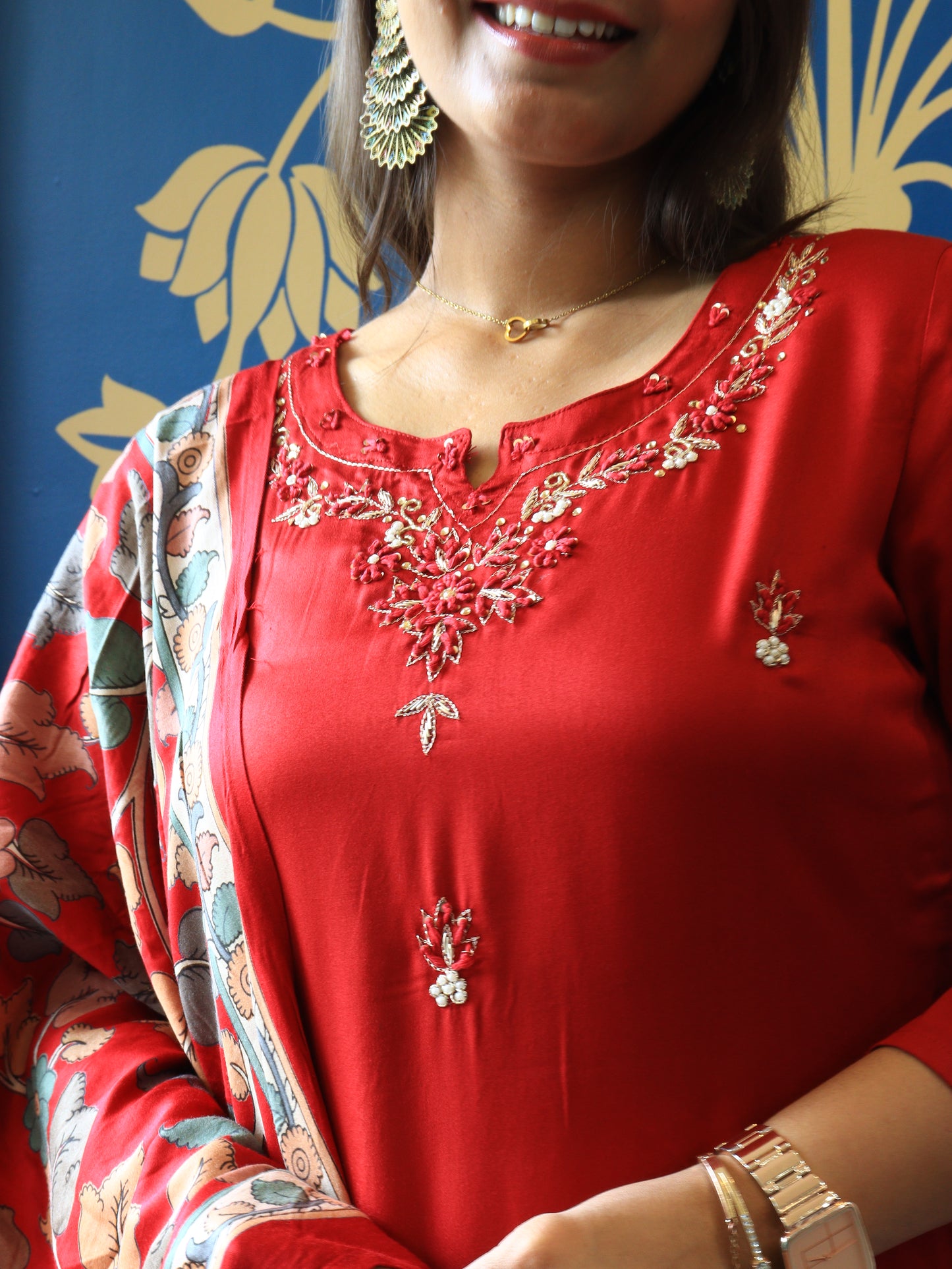 Embroidered Silk Straight Suit Set with Digital Print Dupatta