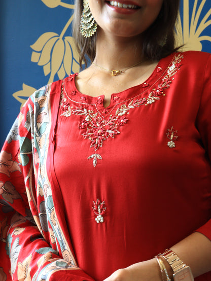 Embroidered Silk Straight Suit Set with Digital Print Dupatta