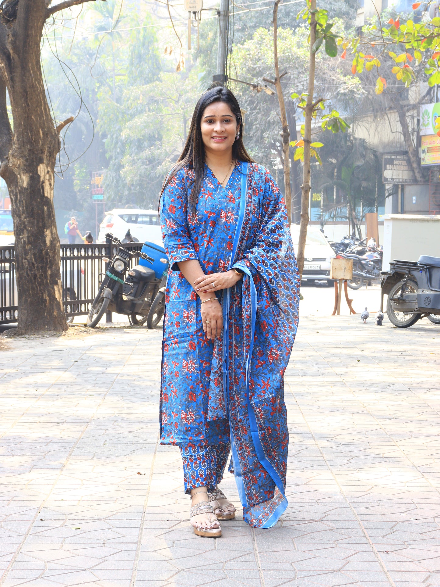 Blue Floral Handblock Printed Cotton Kurta Set with Dupatta