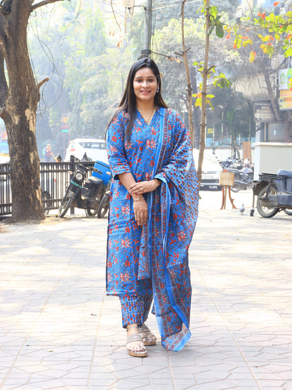 Blue Floral Handblock Printed Cotton Kurta Set with Dupatta