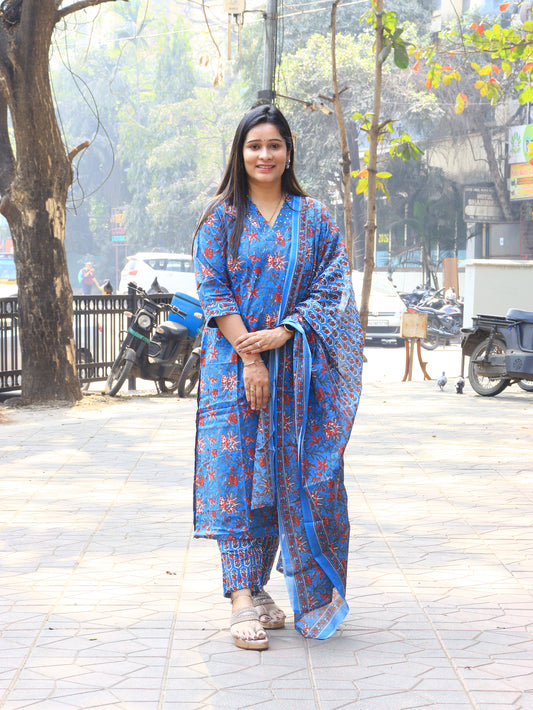 Blue Floral Handblock Printed Cotton Kurta Set with Dupatta