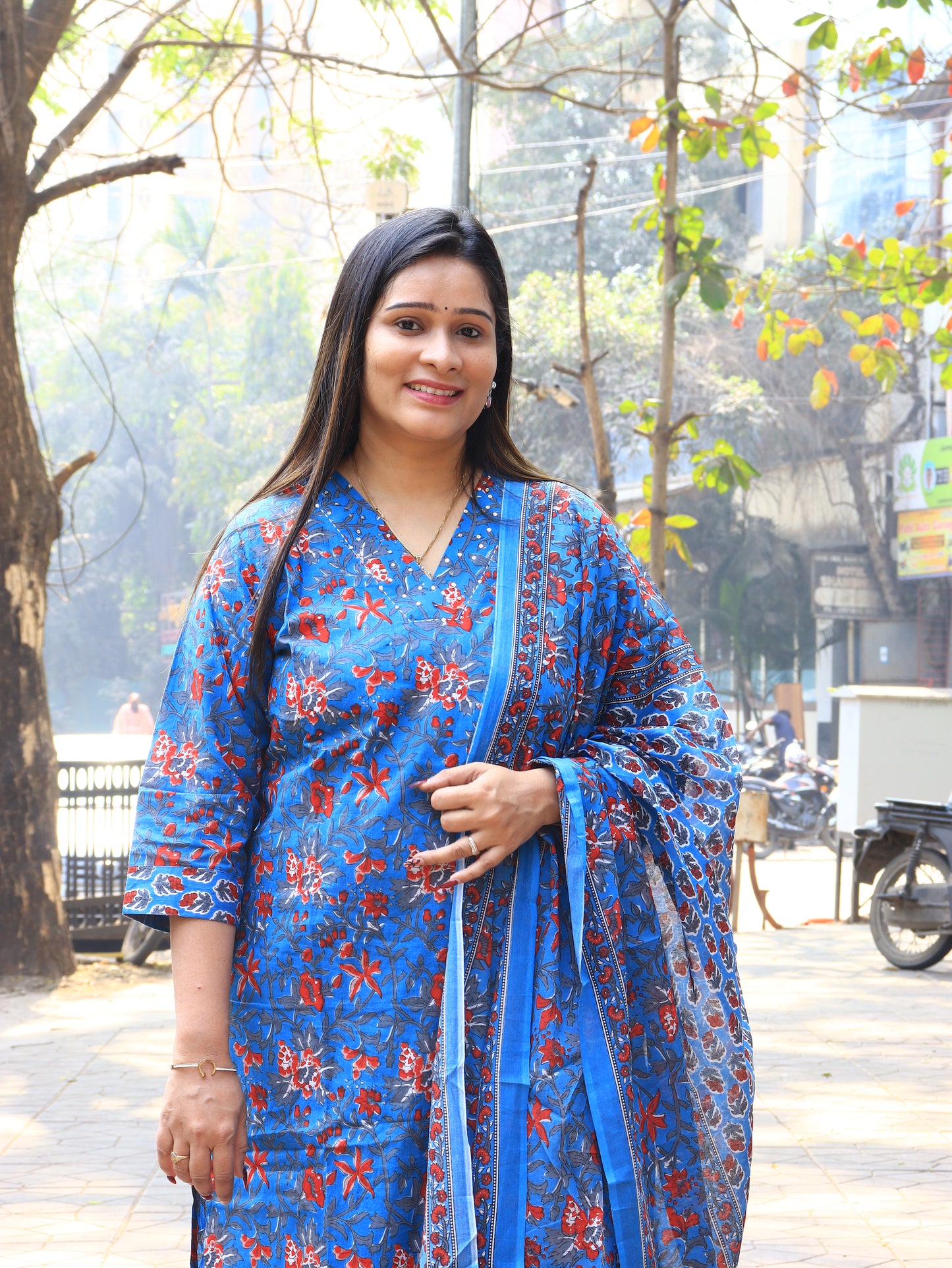 Blue Floral Handblock Printed Cotton Kurta Set with Dupatta