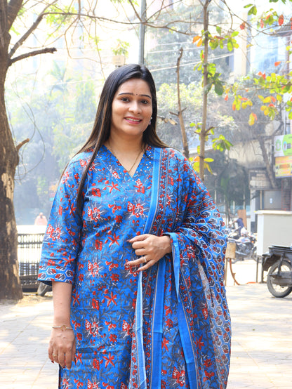 Blue Floral Handblock Printed Cotton Kurta Set with Dupatta