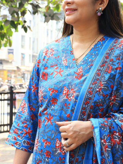 Blue Floral Handblock Printed Cotton Kurta Set with Dupatta