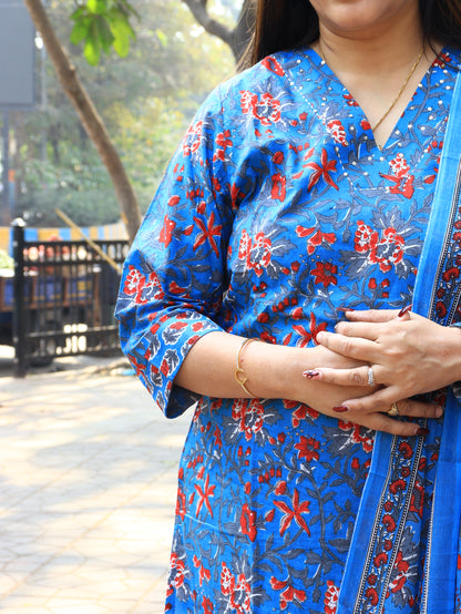 Blue Floral Handblock Printed Cotton Kurta Set with Dupatta