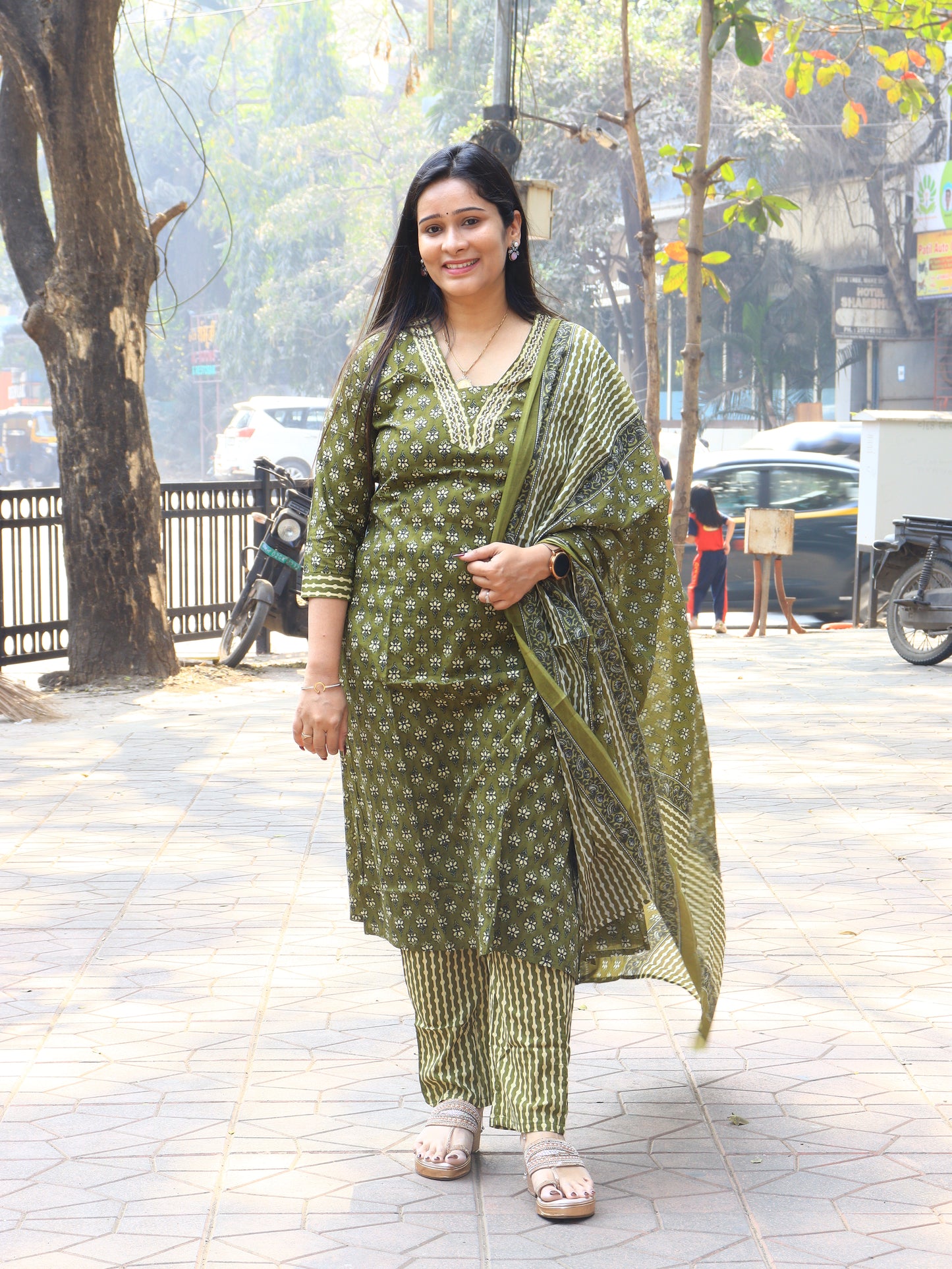 Handblock Floral Cotton Kurta Set with Dupatta