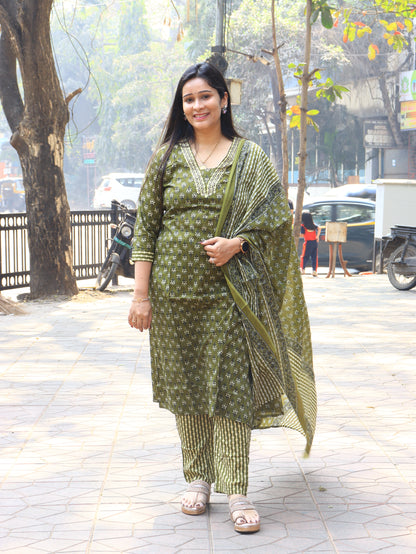 Handblock Floral Cotton Kurta Set with Dupatta