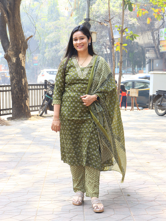 Handblock Floral Cotton Kurta Set with Dupatta