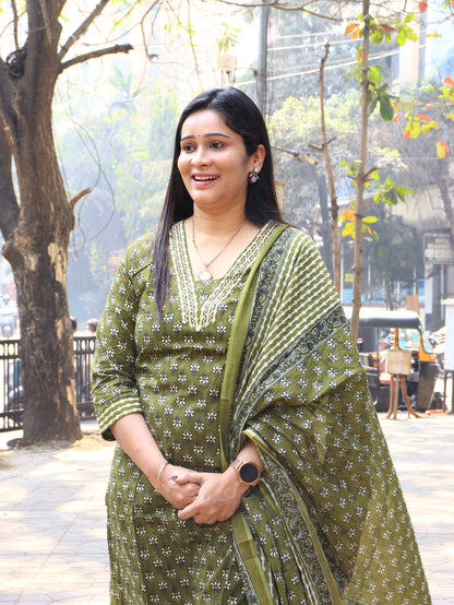 Handblock Floral Cotton Kurta Set with Dupatta