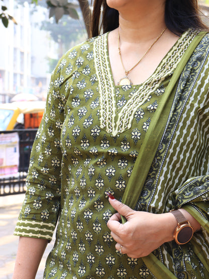 Handblock Floral Cotton Kurta Set with Dupatta