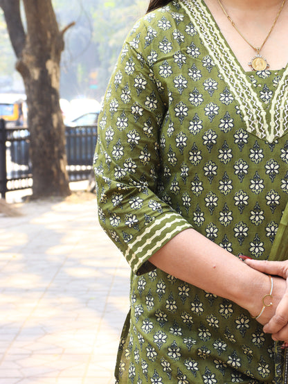 Handblock Floral Cotton Kurta Set with Dupatta
