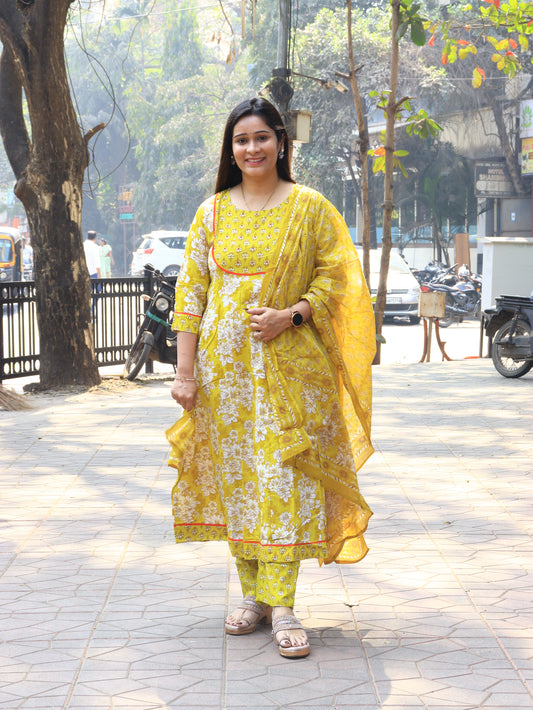 Sunshine Yellow Handblock Floral Cotton Kurta Set with Dupatta
