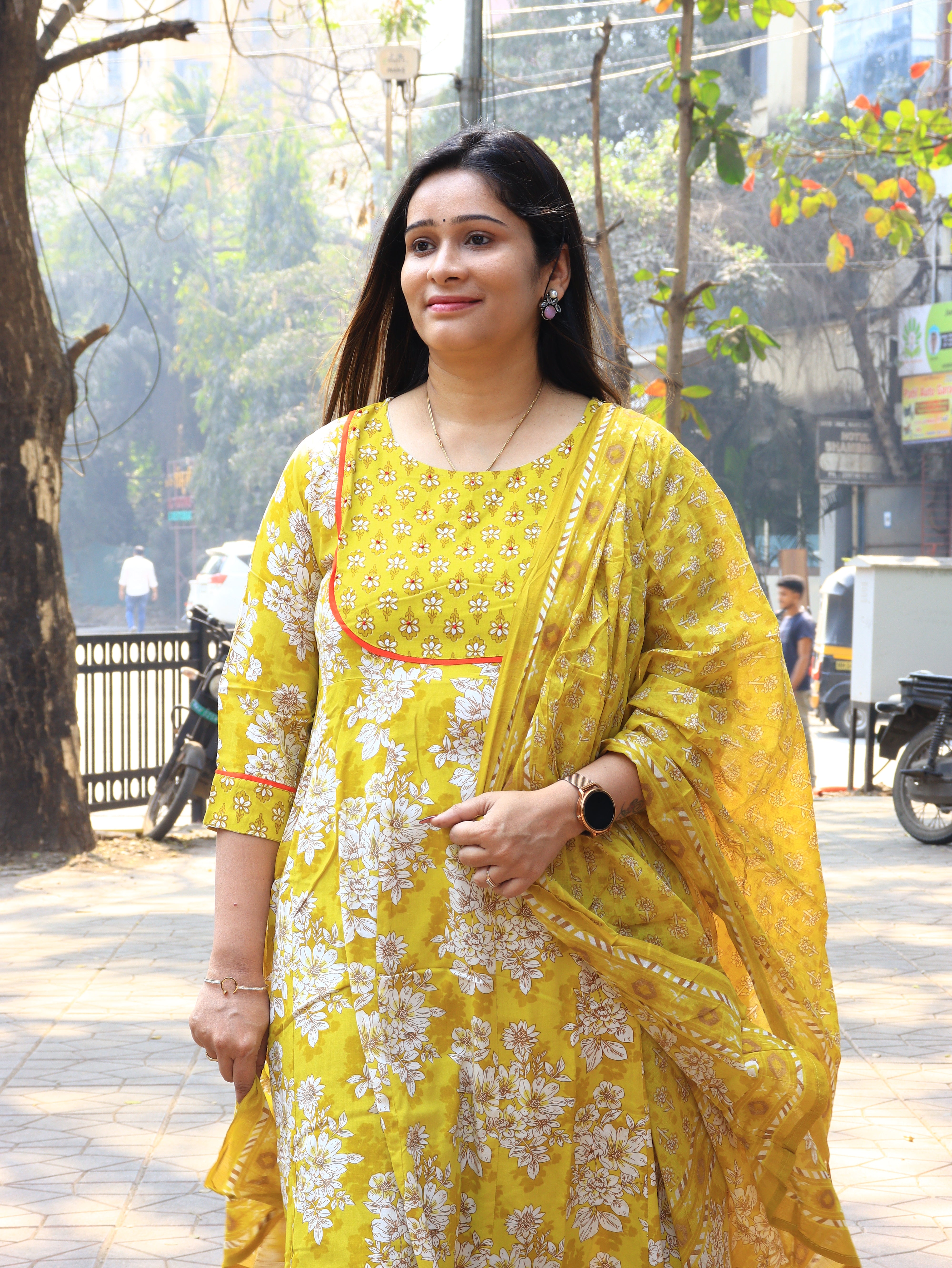 Sunshine Yellow Handblock Floral Cotton Kurta Set with Dupatta
