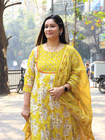 Sunshine Yellow Handblock Floral Cotton Kurta Set with Dupatta