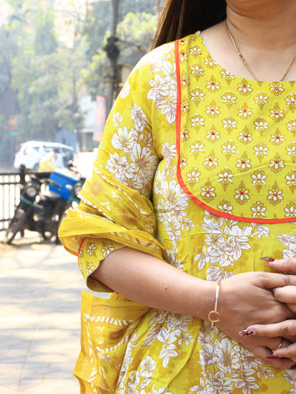 Sunshine Yellow Handblock Floral Cotton Kurta Set with Dupatta