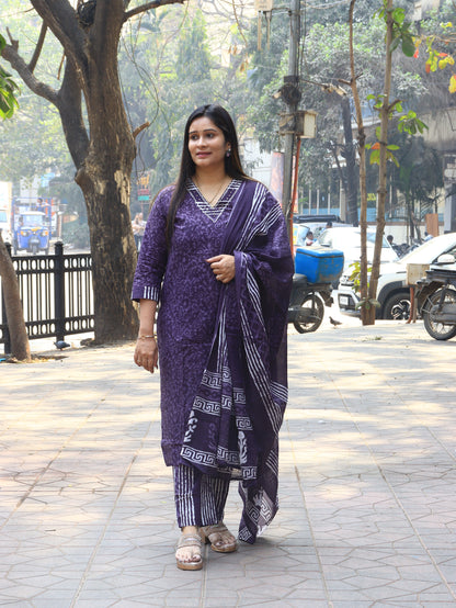 Indigo Purple Printed Kurta Pant Dupatta Set