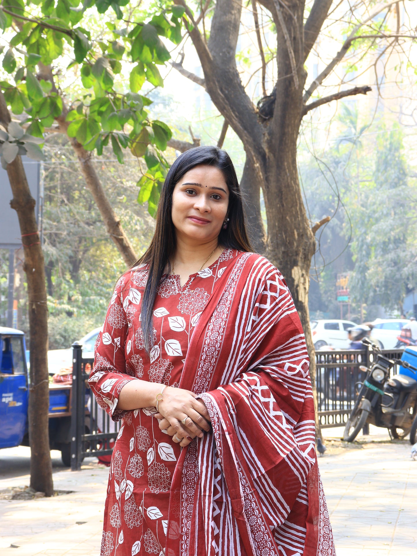 Rust Red Handblock Floral Cotton Kurta Set with Dupatta