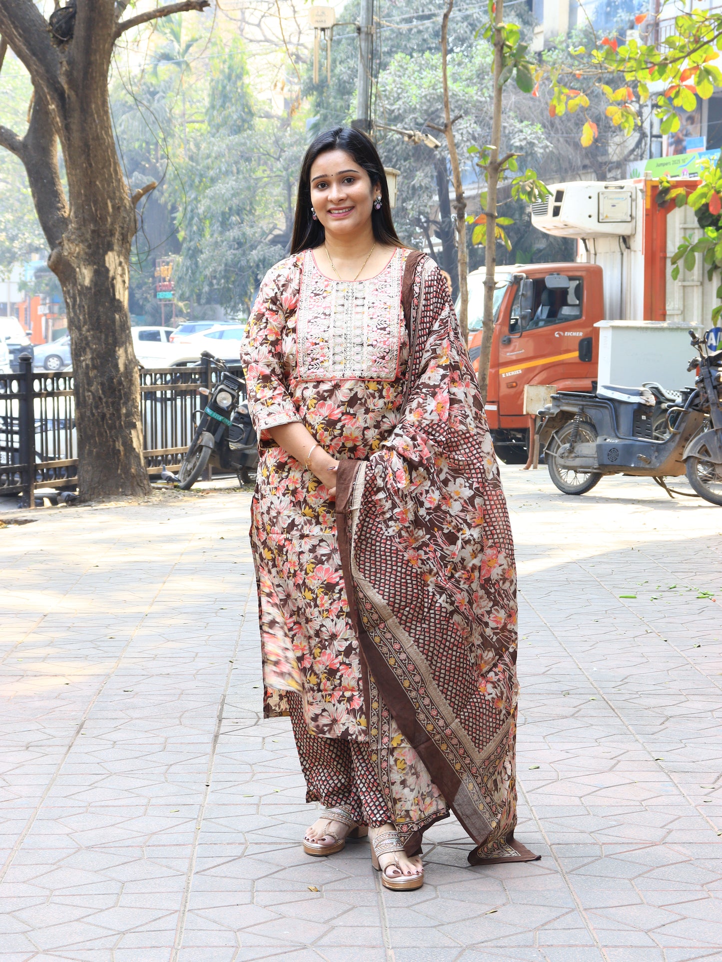 Floral Printed Brown Cotton Kurta Set