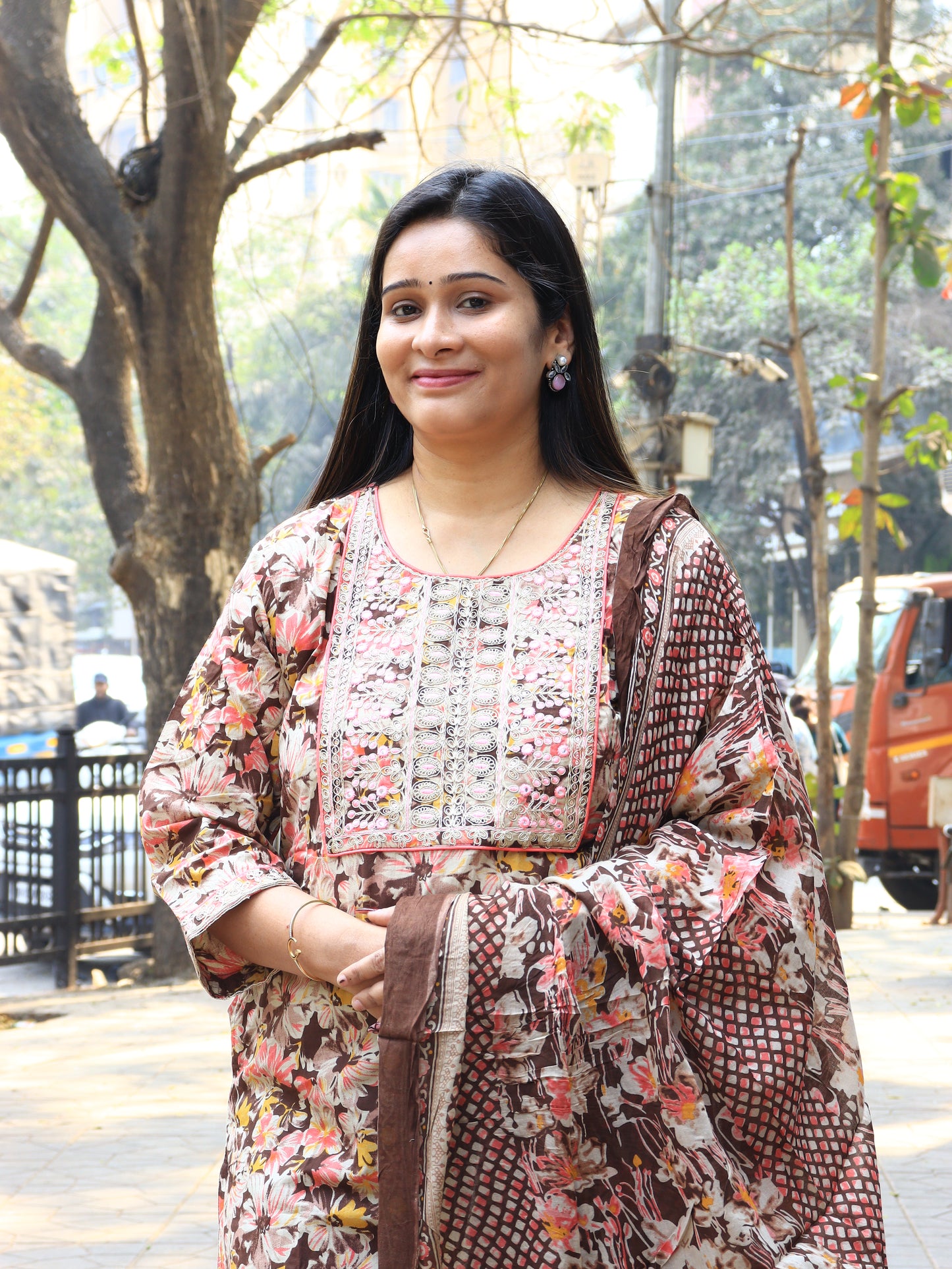 Floral Printed Brown Cotton Kurta Set