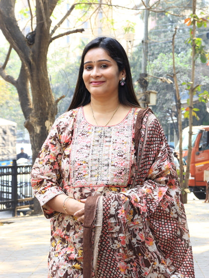 Floral Printed Brown Cotton Kurta Set