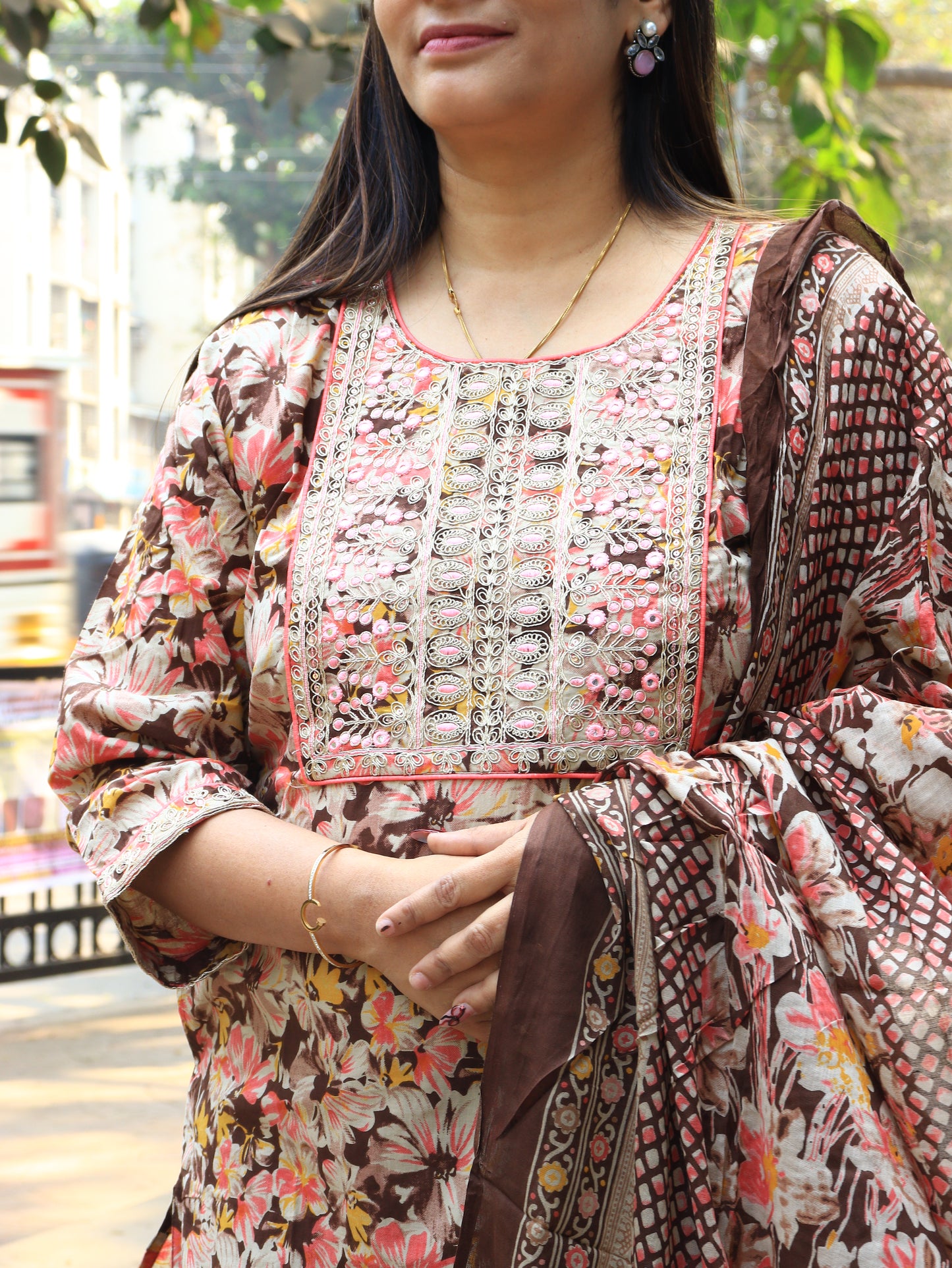 Floral Printed Brown Cotton Kurta Set