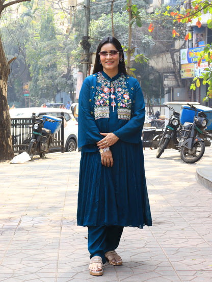 Hand-Embroidered Floral Yoke Kurta Set