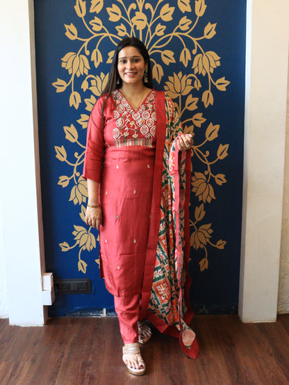 Aarohi Hand-Embroidered Silk Kurta Set with Printed Dupatta