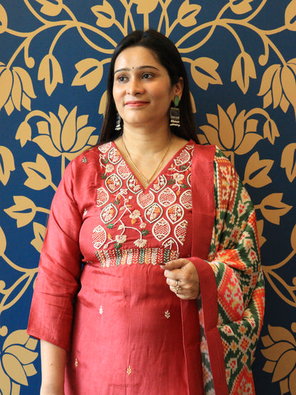 Aarohi Hand-Embroidered Silk Kurta Set with Printed Dupatta