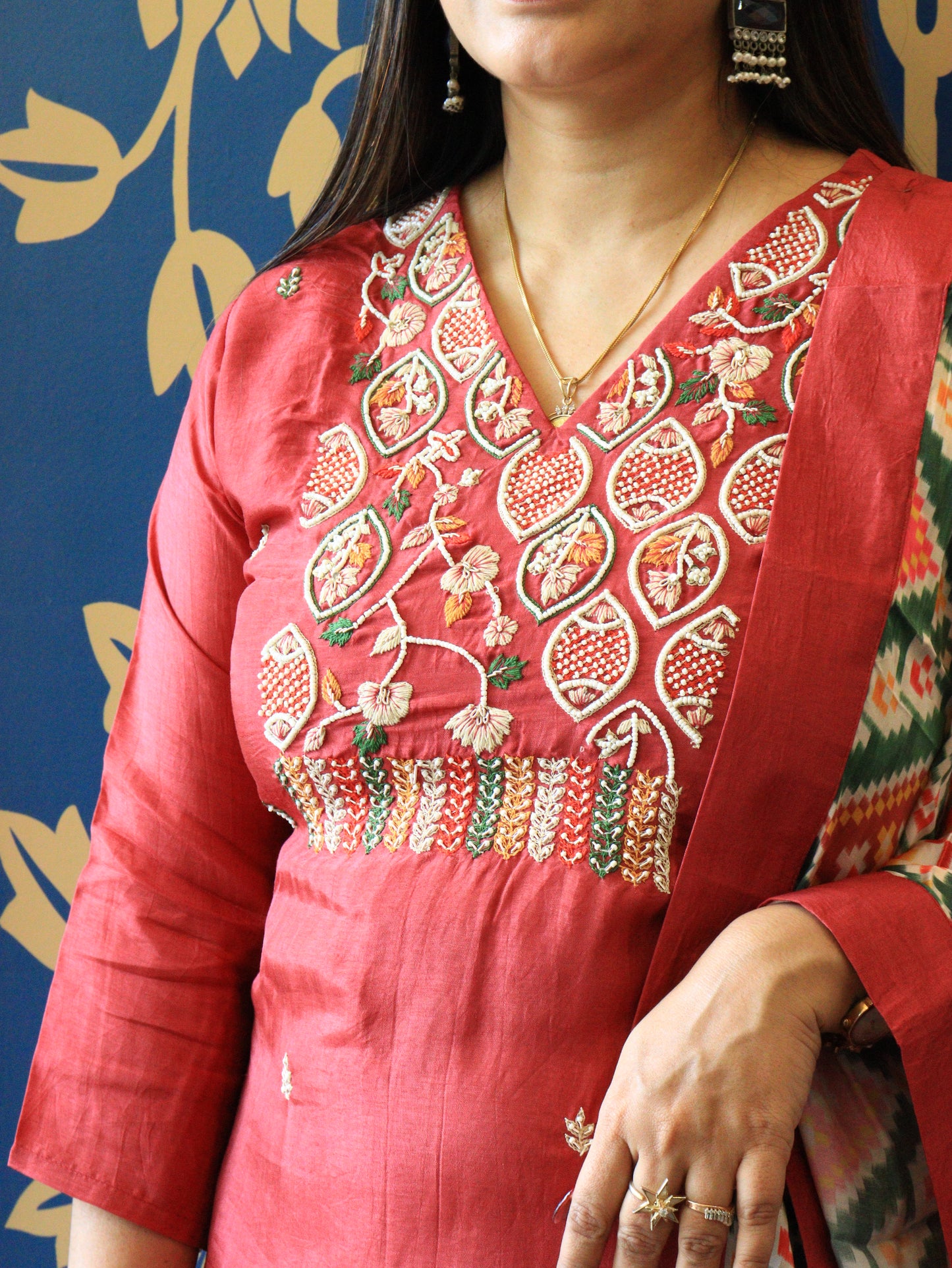 Aarohi Hand-Embroidered Silk Kurta Set with Printed Dupatta