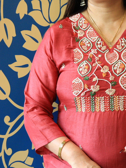Aarohi Hand-Embroidered Silk Kurta Set with Printed Dupatta