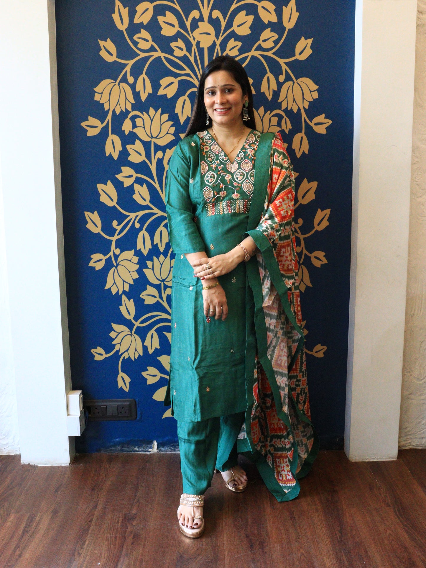 Aarohi Hand-Embroidered Silk Kurta Set with Printed Dupatta