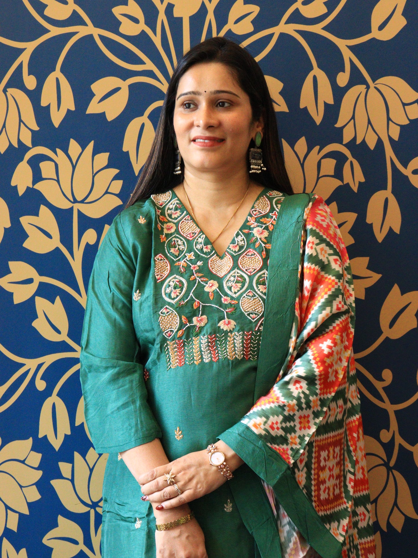 Aarohi Hand-Embroidered Silk Kurta Set with Printed Dupatta