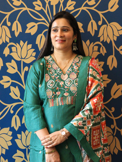 Aarohi Hand-Embroidered Silk Kurta Set with Printed Dupatta