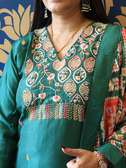 Aarohi Hand-Embroidered Silk Kurta Set with Printed Dupatta