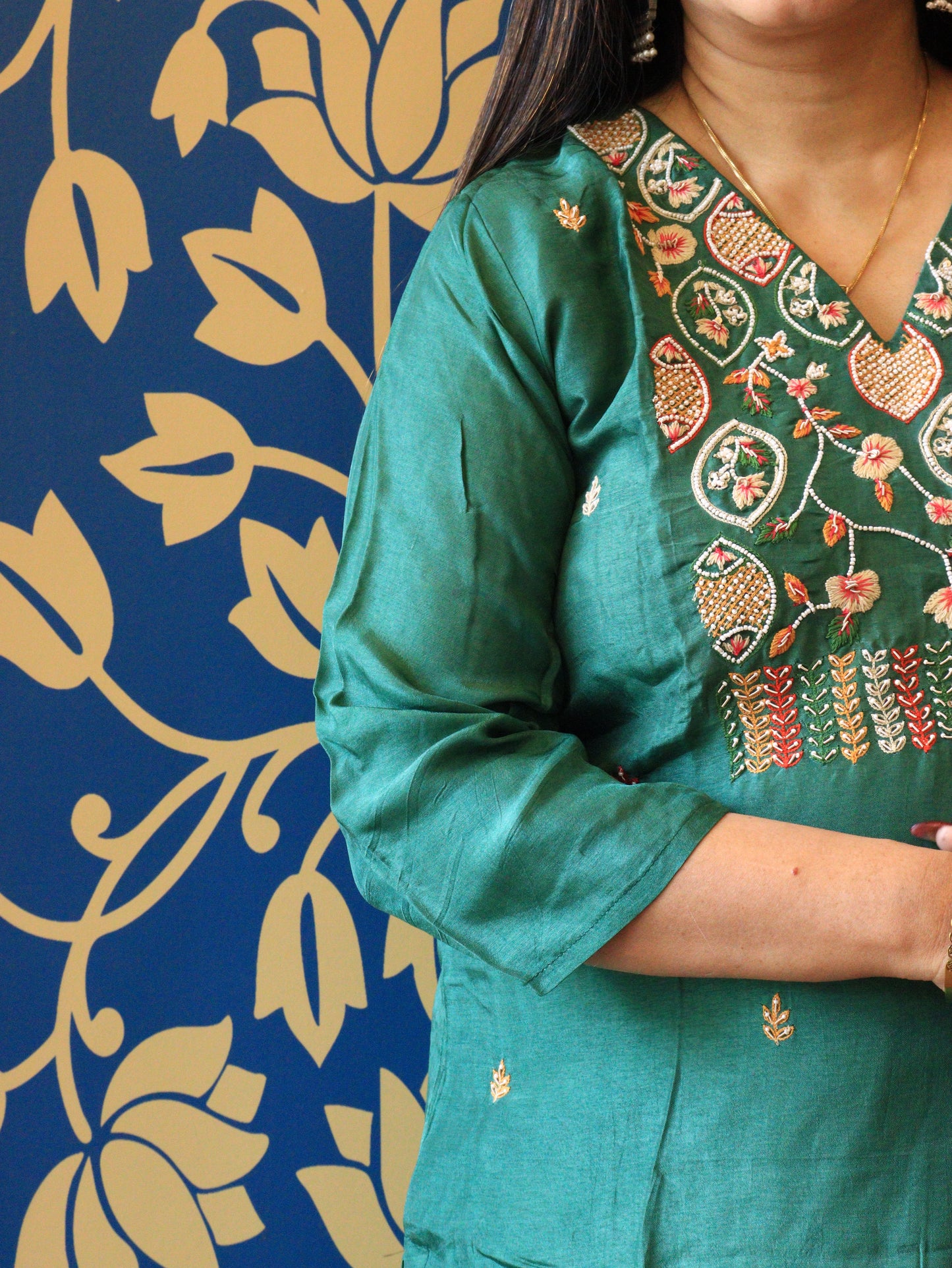 Aarohi Hand-Embroidered Silk Kurta Set with Printed Dupatta