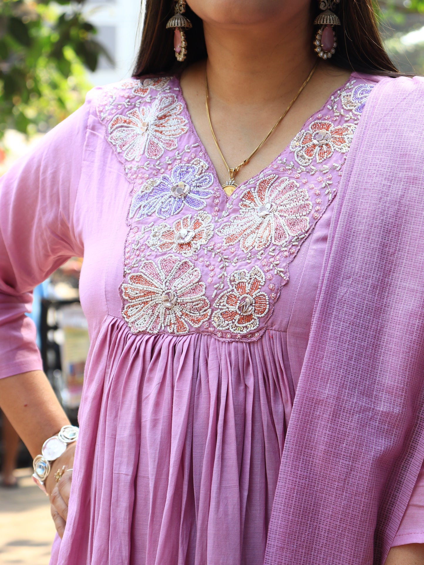 Blossom Grace Anarkali Suit Set – Lavender Pink