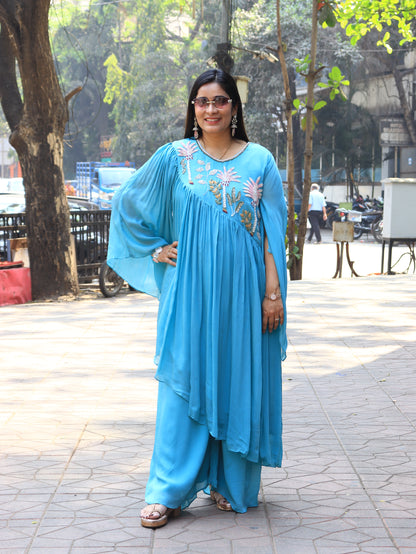 Aqua Bloom Embroidered Kaftan Co-Ord Set