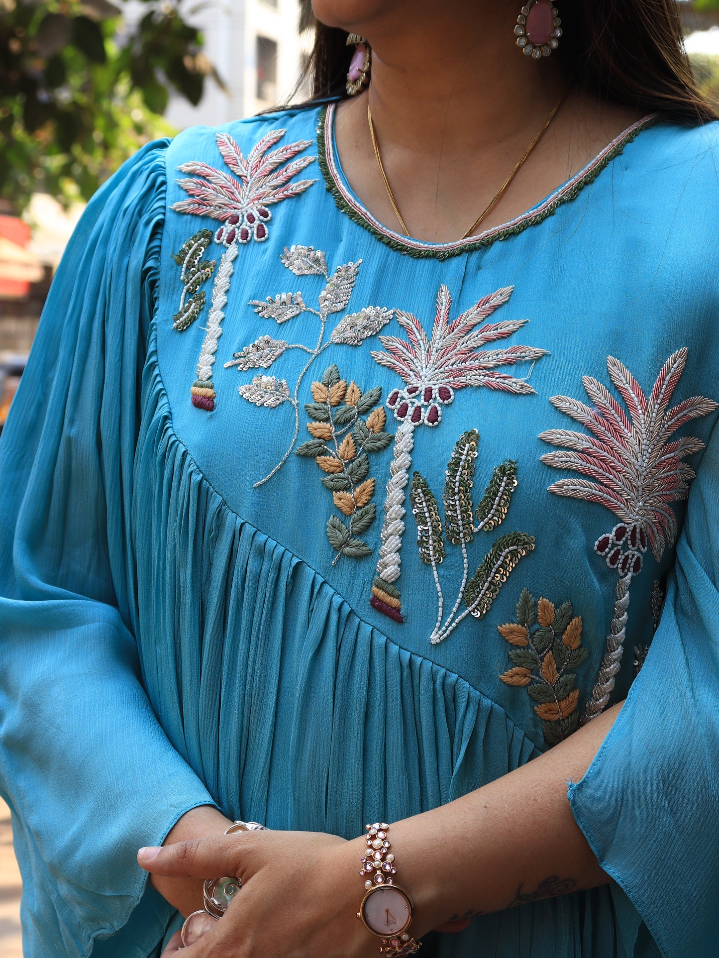 Aqua Bloom Embroidered Kaftan Co-Ord Set