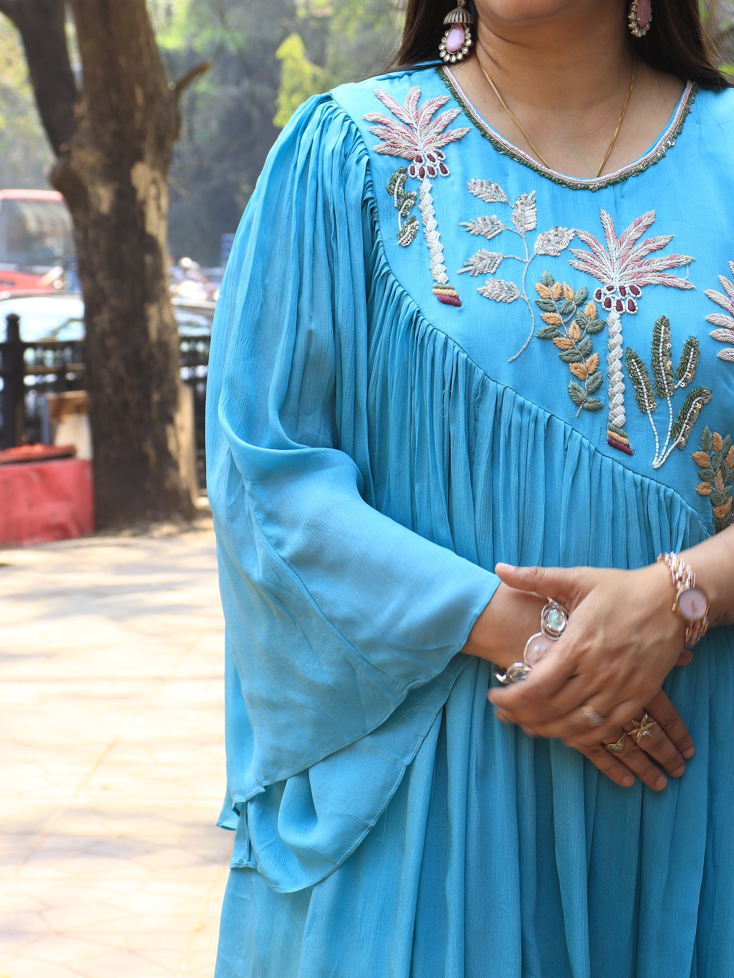 Aqua Bloom Embroidered Kaftan Co-Ord Set