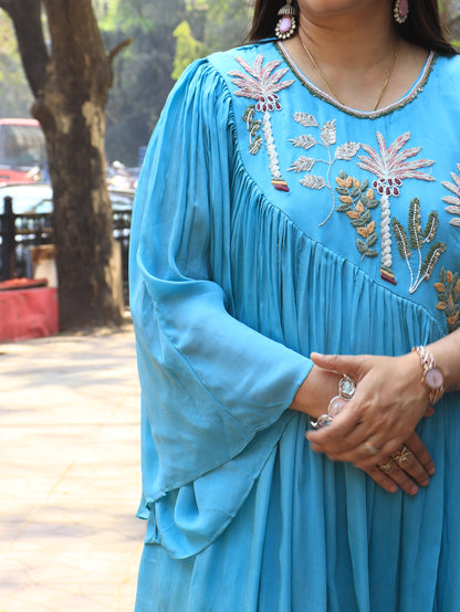 Aqua Bloom Embroidered Kaftan Co-Ord Set