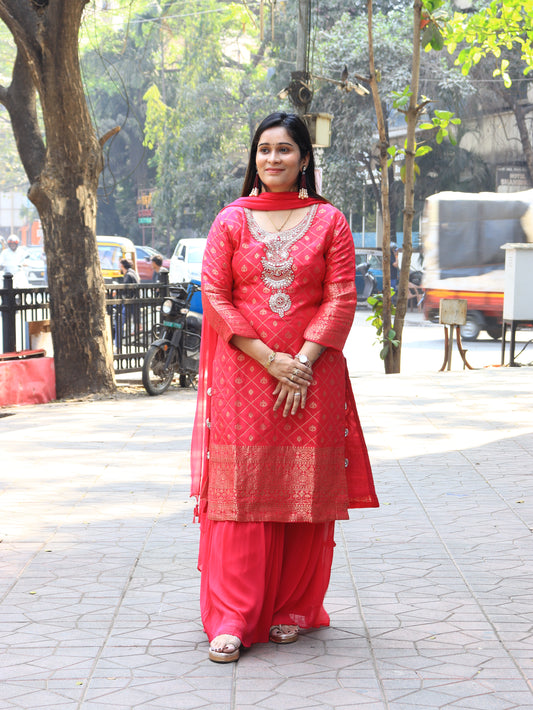 Rani Pink Heritage Weave Silk Sharara Ensemble