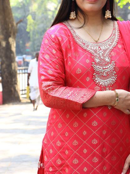 Rani Pink Heritage Weave Silk Sharara Ensemble
