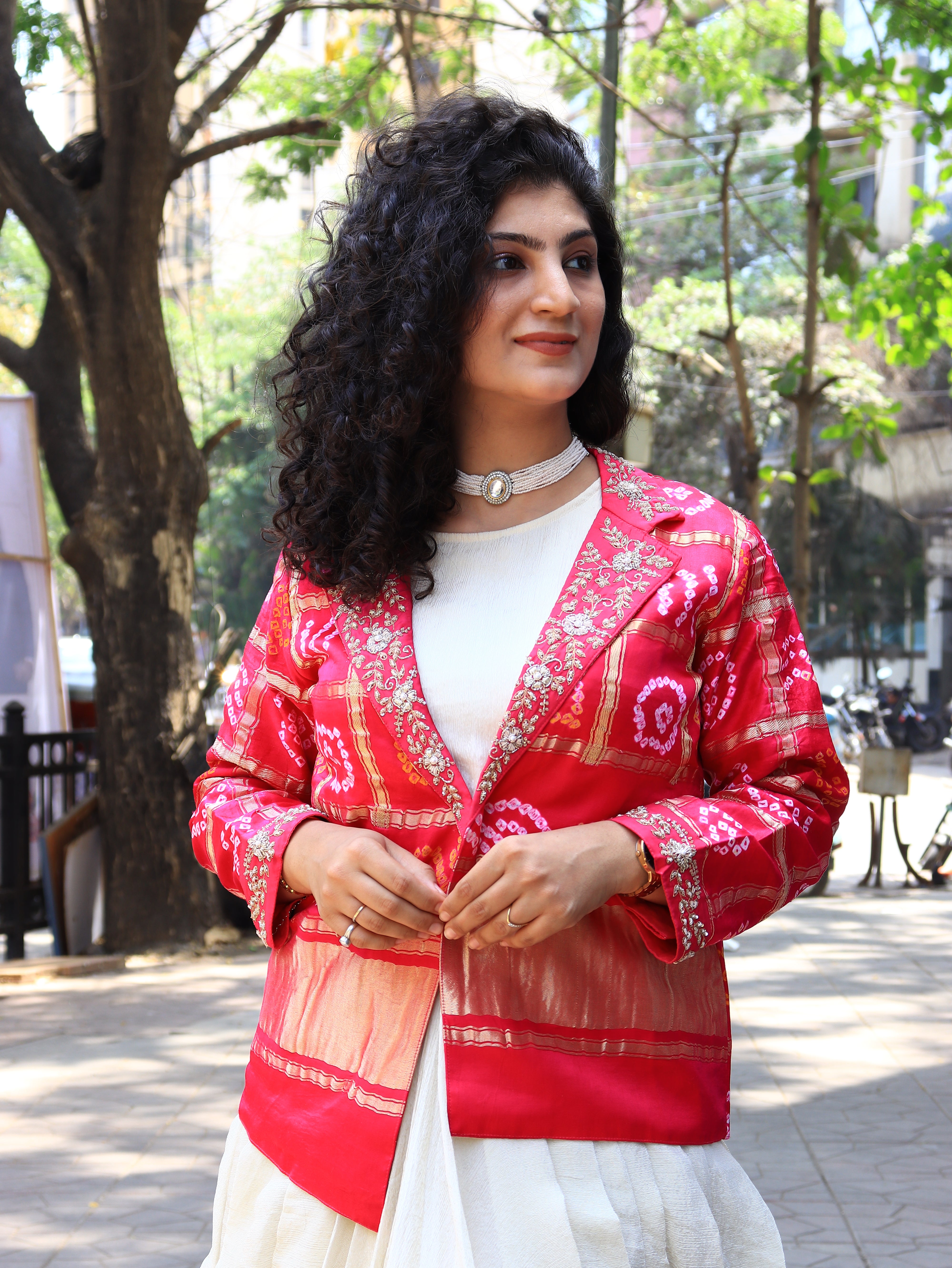Crimson Bandhani Fusion Blazer Set