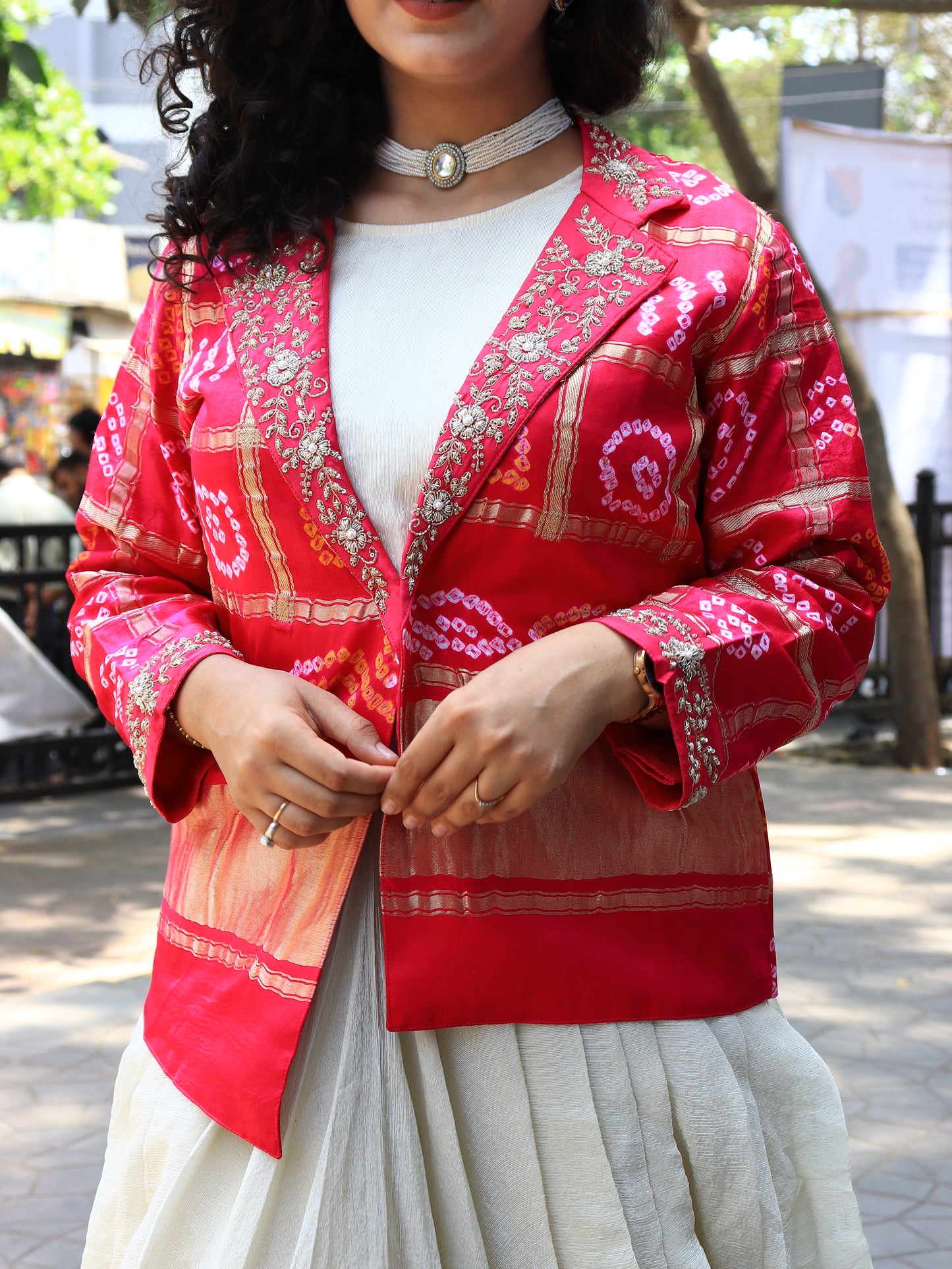 Crimson Bandhani Fusion Blazer Set