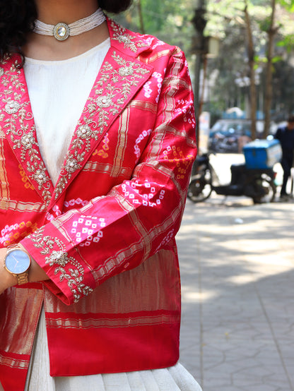 Crimson Bandhani Fusion Blazer Set