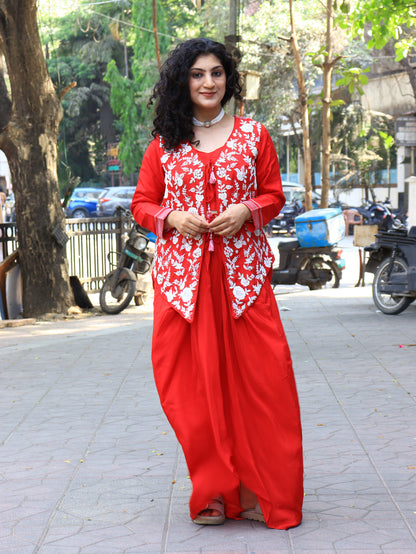 Ethereal Crimson Dhoti-Style Indo-western Set